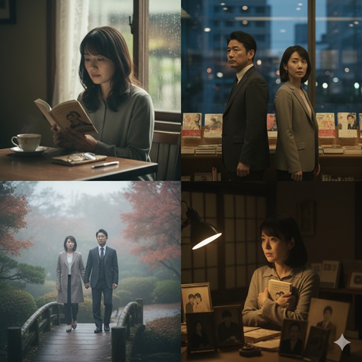 大人の切ない恋愛小説の魅力を表現した4枚の画像コラージュ。窓辺で読書する女性、書店に立つ男女、紅葉の庭を歩くカップル、思い出の写真と本を抱きしめる女性。