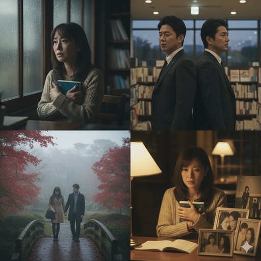 恋愛小説の登場人物が抱える葛藤を表現した4枚の画像。物思いに耽る女性、対立する男性、霧の中を歩くカップル、過去を悔やむ女性。