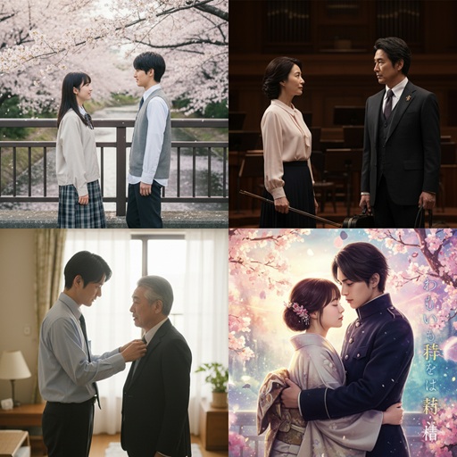 映像化された有名な恋愛小説をイメージした4枚の画像。桜並木の高校生カップル、正装した中年の男女、父と息子のような二人、大正ロマン風の恋人たち。