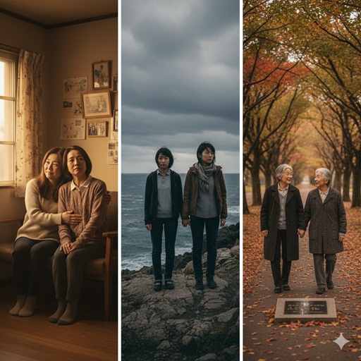 心に響く人間ドラマを描いた作品をイメージした3枚の写真。母と娘、荒波の海岸に立つ友人同士、紅葉の道を歩く二人の老婦人。