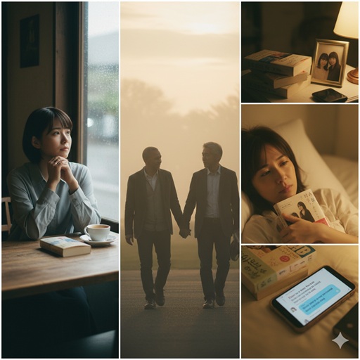 読後の余韻が残る恋愛短編集をイメージしたコラージュ画像。カフェで物思いに耽る女性や、様々な愛の形、読書後の風景など。