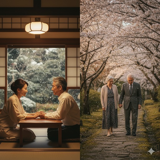 静かで美しい大人の恋物語を表現した2枚の写真。和室で手を取り合う中年の夫婦と、桜並木を歩く年配の夫婦。