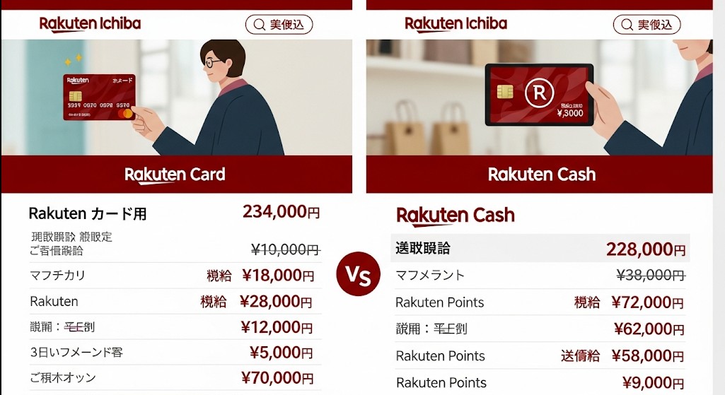 楽天のサービス比較イメージ。楽天市場、楽天キャッシュ、楽天カードのロゴが並び、それぞれの特徴を比較するようなグラフィックデザインです。