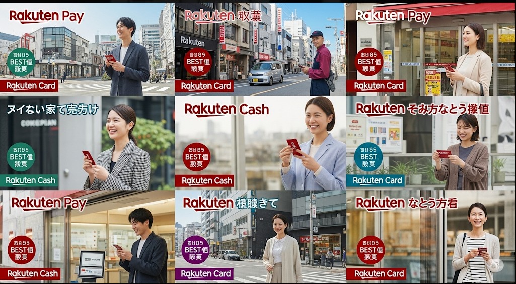 街中での楽天ペイ・楽天キャッシュ・楽天カード利用比較。実店舗での利用シーンやそれぞれの支払い方法のアイコンが描かれた、お得度を比較するイメージです。