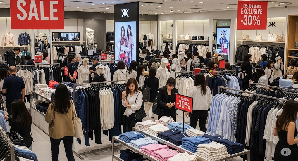 人気ファッションブランドのセール速報: 活気あるデパートで、買い物客が人気ファッションブランドのセール商品を熱心に見ている光景。