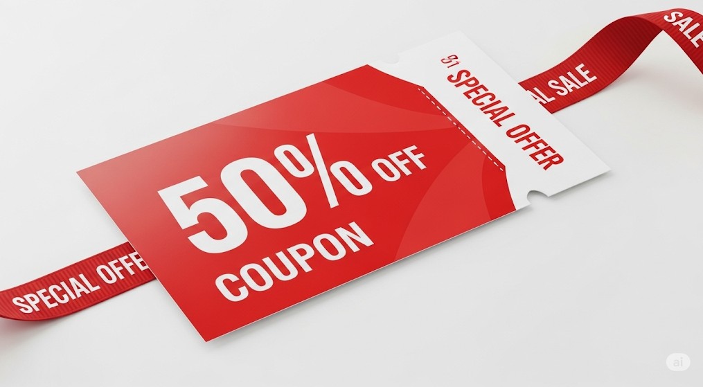 50%OFFも?お得な限定クーポン: 赤と白の目を引くデザインで「50%OFF」と書かれた限定クーポンの拡大写真。
