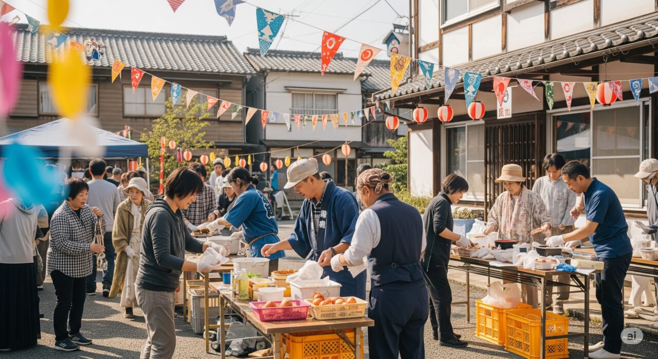  祭り提灯が飾られた古い街並みで、複数の地域住民が屋台を囲み、食べ物を分け合っている賑やかな様子。
