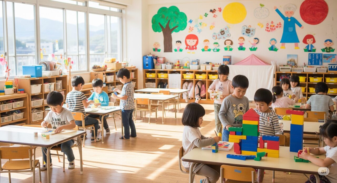 壁にカラフルなイラストが描かれた保育室で、積み木やおもちゃで遊ぶ複数の幼稚園児。