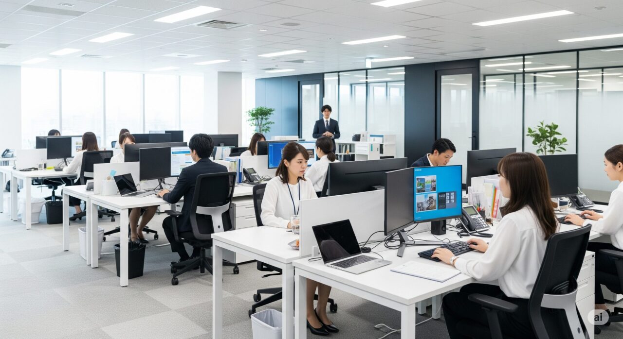 明るいオフィスで働く複数の日本人ビジネスパーソン。白いデスクとパソコンが並び、奥にはガラス張りの会議室。