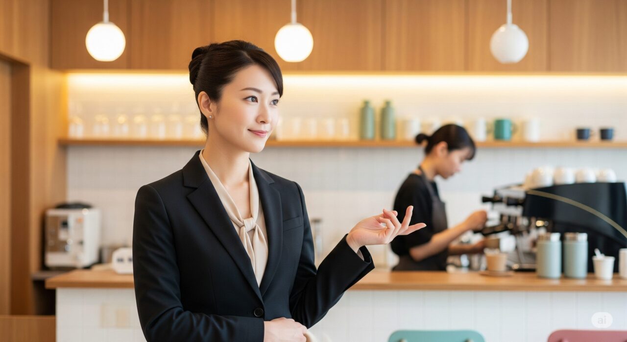 カフェのカウンターに立つ、微笑む黒いジャケットを着た女性オーナー。背景にはコーヒーメーカーとエプロン姿の女性スタッフ。