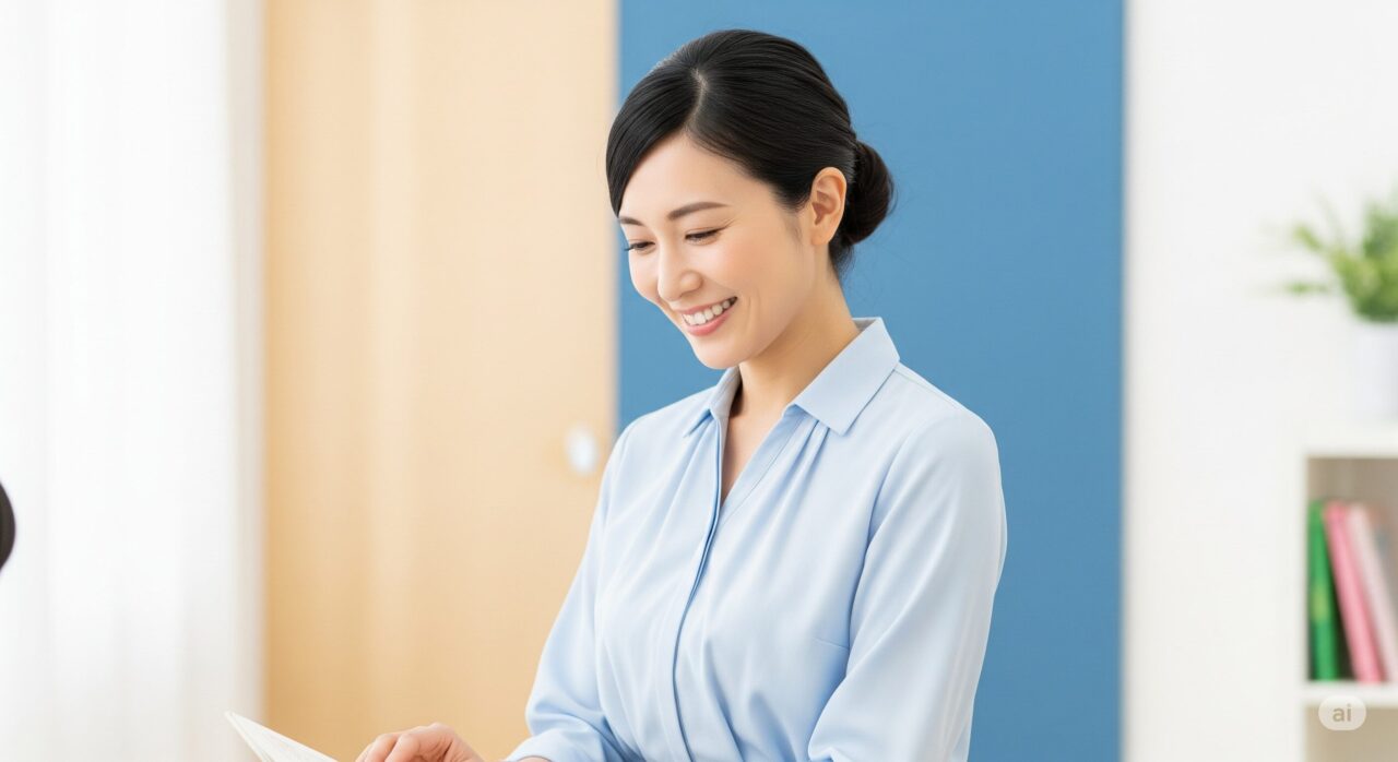 明るい部屋で、書類に目を通し穏やかに微笑む水色のシャツを着た女性。後ろには本棚と観葉植物。