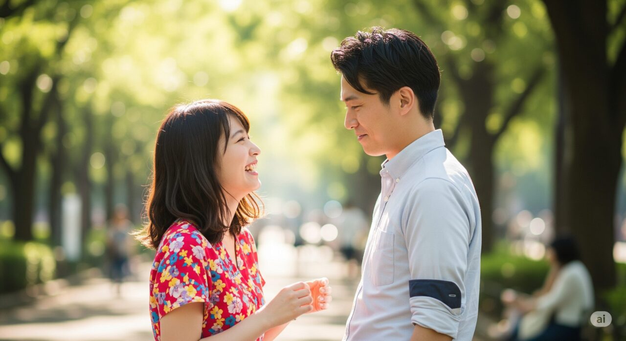 公園の緑の中で、笑顔で向き合って話す若いカップルの日本人。穏やかな日差しが差し込む。