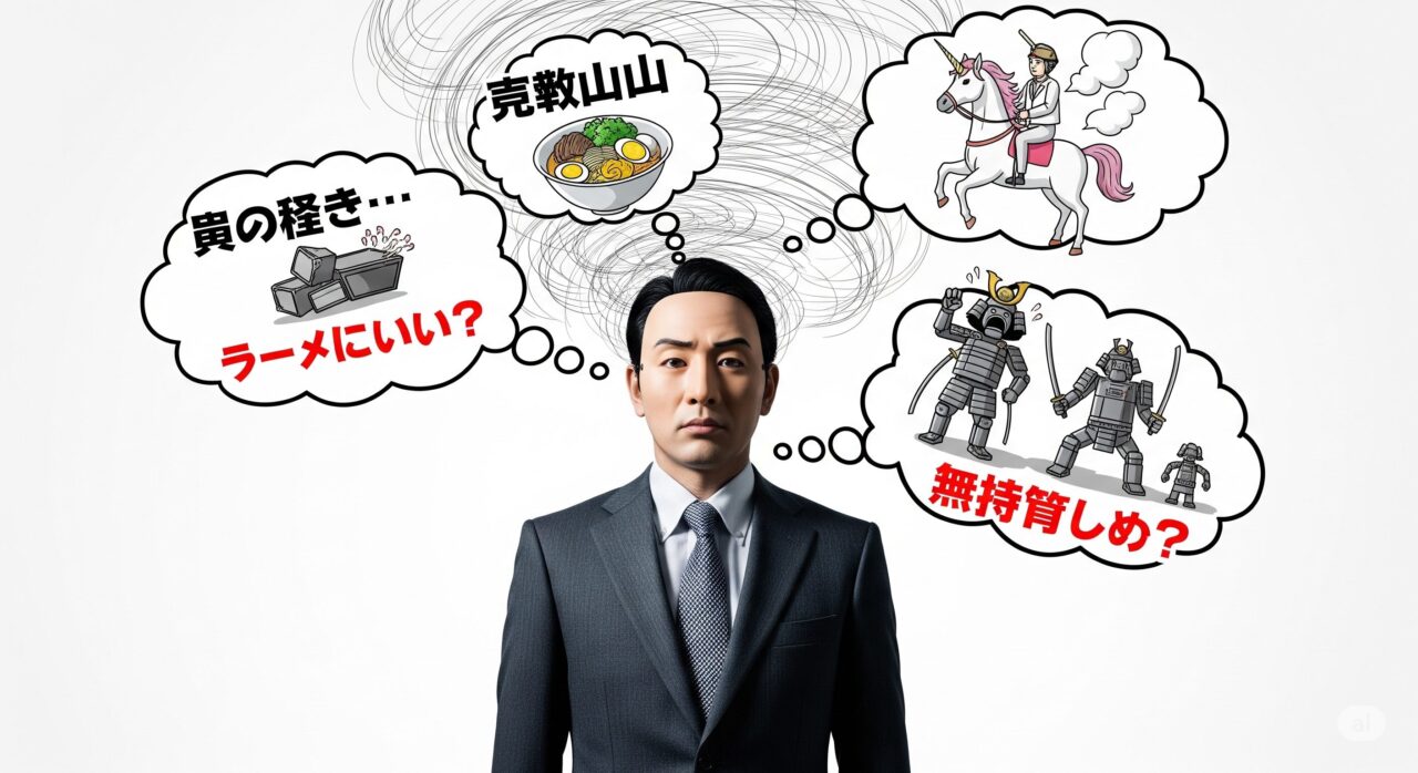 スーツ姿の日本人男性が正面を向いて立っており、頭上には複数の吹き出しがあります。それぞれの吹き出しの中には、ラーメンの山やユニコーンに乗る人、侍などのイラストと共に日本語の文字が書かれています。