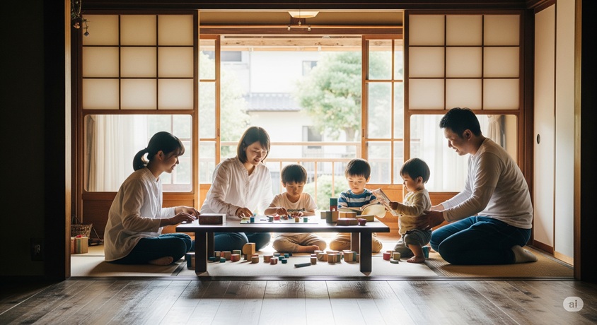 畳の部屋で、座って積み木などで遊ぶ両親と3人の幼い子供たちの家族団らんの風景。障子が開いている。