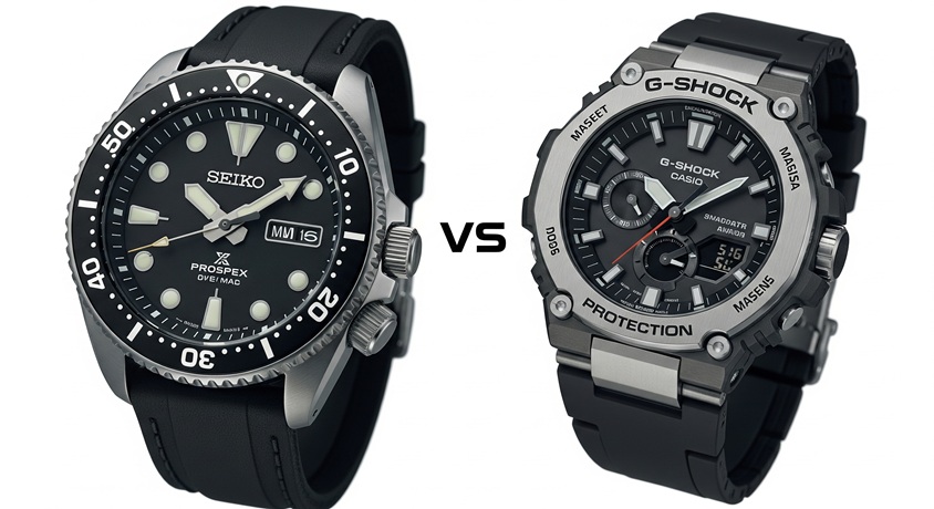 左に黒いラバーバンドのセイコー プロスペックス ダイバースキューバ、右に黒とシルバーのG-SHOCK G-STEEL、中央に白い「VS」の文字。