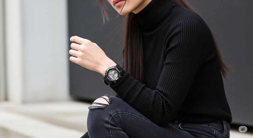 黒いタートルネックとダメージジーンズを着た女性が、座ってG-SHOCKタイプの腕時計を見ている、モノトーン調のやや低いアングルからのクローズアップ。
