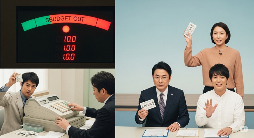 番組予算が尽きたことを示すメーターと、困惑する番組関係者、そして新たな展開を示唆する人々が描かれています。