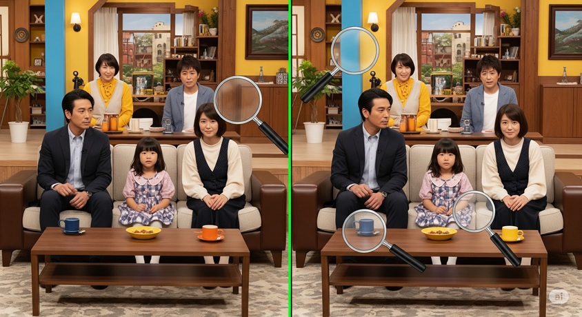 一見同じに見える2つのテレビ画面に、虫眼鏡で違いを探している様子が描かれています。
