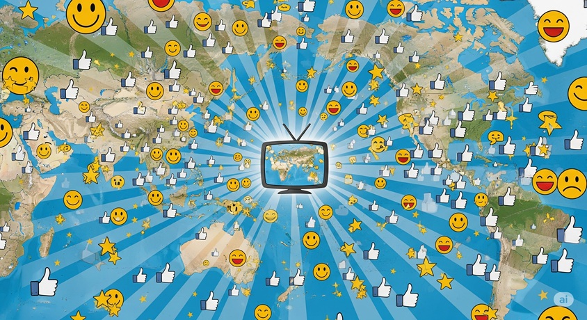 世界地図上にテレビ画面があり、そこから世界中にポジティブな反応のアイコンが広がっている様子。
