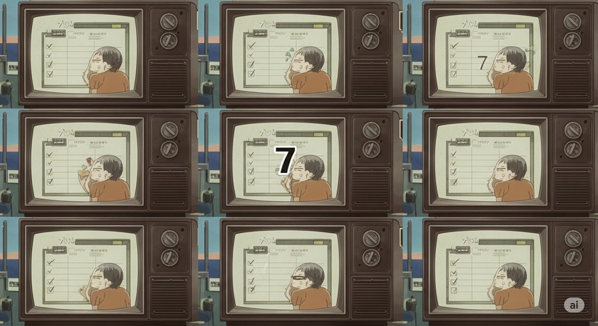 複数のテレビ画面に、チェックリストや数字の「7」が描かれ、番組の企画内容がまとめられている様子。