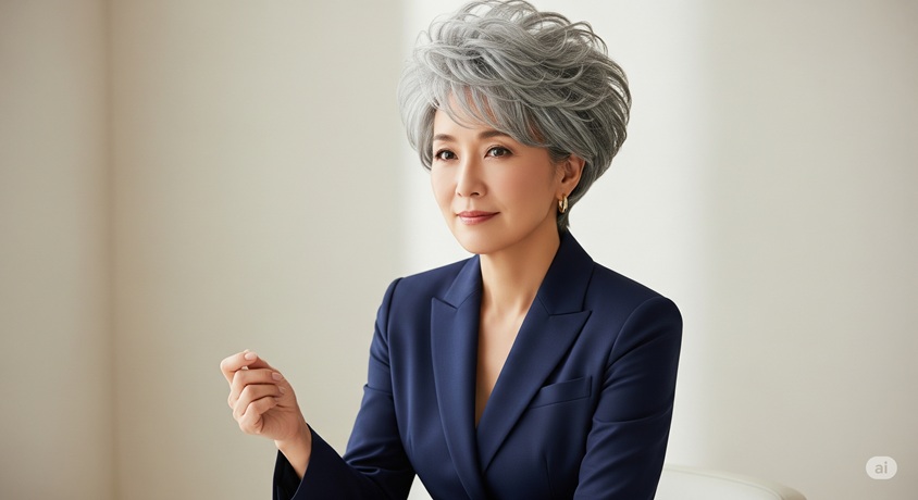 : 田久保真紀氏の個性的なグレイヘアのショートカットの女性が、プロフェッショナルな雰囲気の室内で座っているポートレート。
