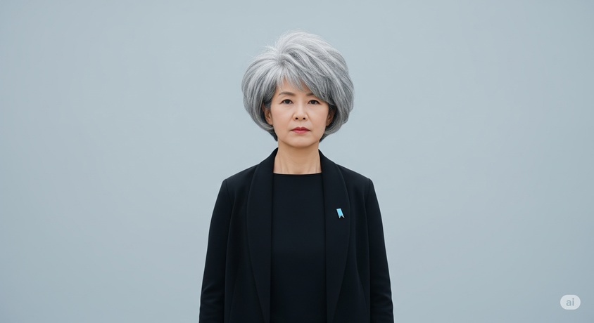 田久保真紀氏の髪型を模したグレイヘアの女性が、書棚と額に入った証明書を背景に、思慮深い表情で写っているポートレート。
