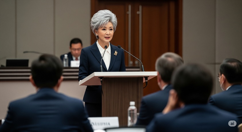 田久保真紀氏の髪型を模したグレイヘアの女性が、記者会見で演壇に立ち、聴衆に向かって話している様子。
