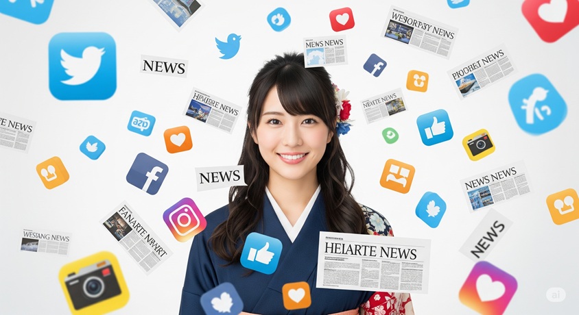 笑顔の日本人女性が中央に立ち、その周囲にSNSのアイコンやニュース記事が飛び交っています。