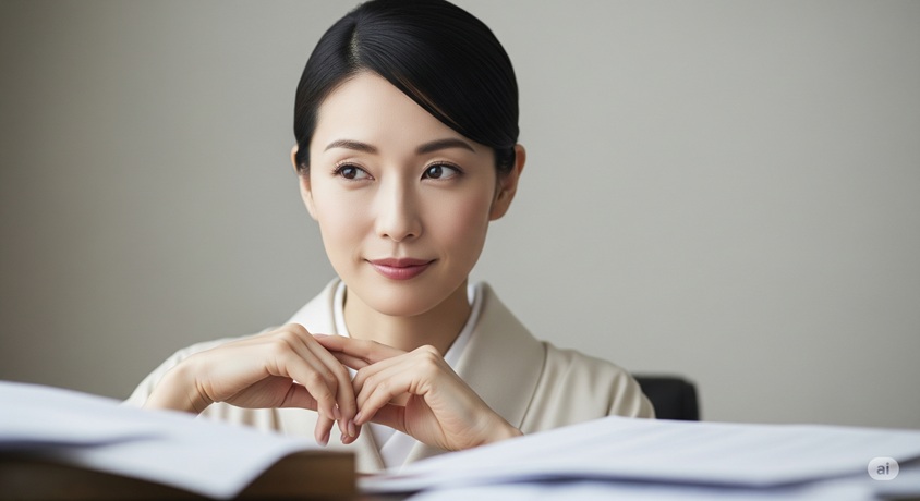 白衣を着て顕微鏡を覗き込んでいる日本人女性が写っています。
