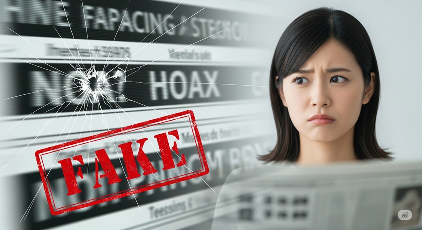 画面が割れ、「FAKE」のスタンプと「HOAX」の文字が見える中、困惑した表情の日本人女性の顔が映っています。
