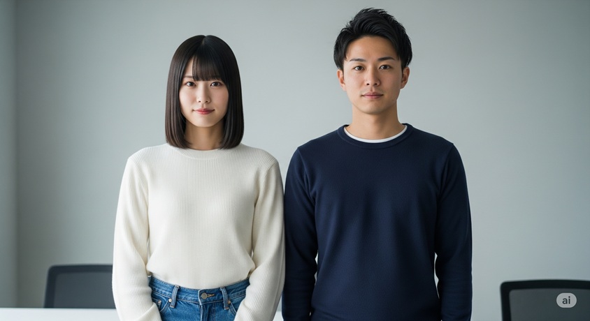 日本人男性と日本人女性が並んで立っています。