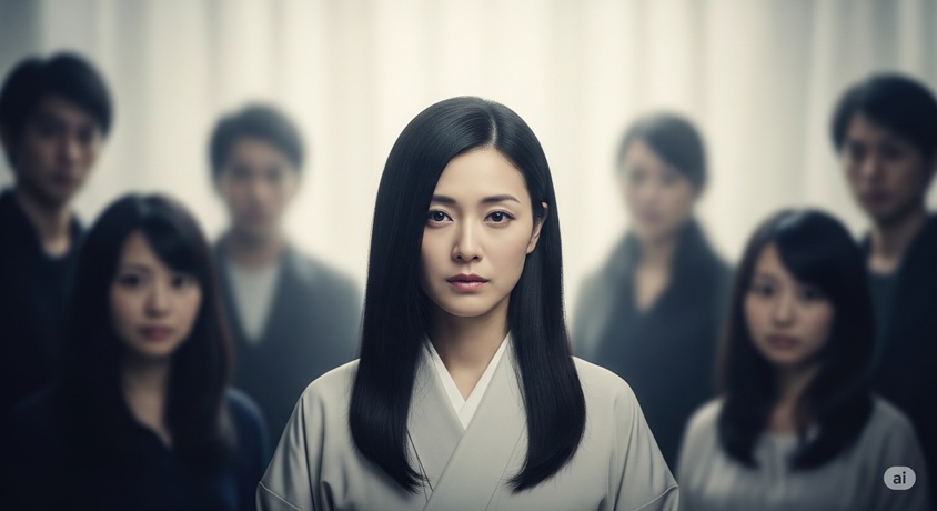 中央に日本人女性が正面を向いて立ち、その周囲に顔がぼやけた複数の日本人らしき人物が立っています。