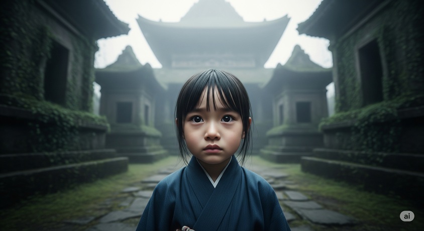 廃墟のような古い日本建築の前に立つ幼い日本人女の子です。