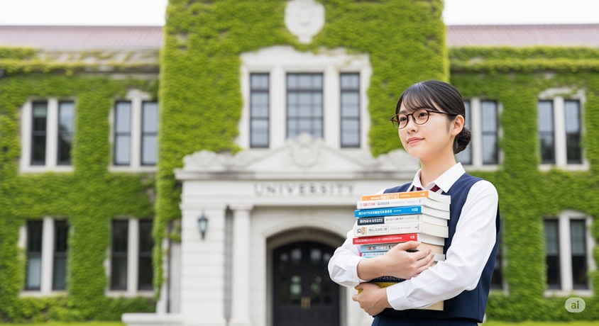 大学の建物を背景に、本を抱えて立つ日本人女性の学生です。