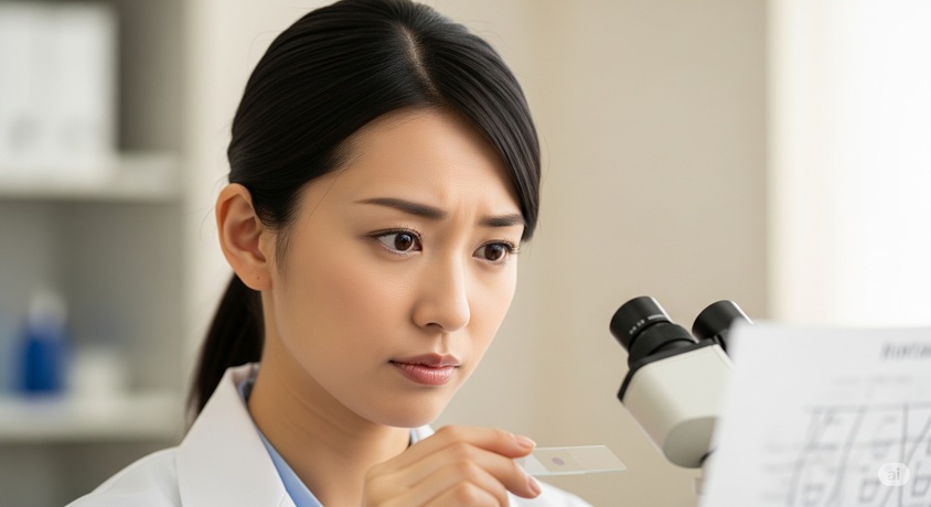 白衣を着て顕微鏡を覗き込んでいる日本人女性が写っています。
