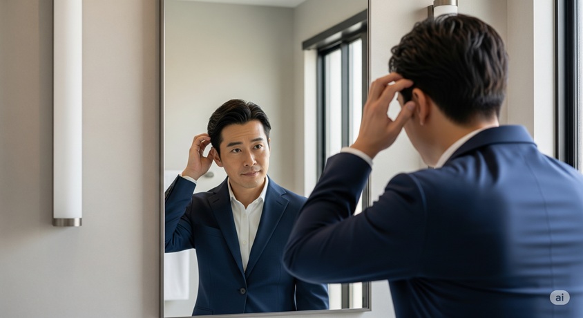 鏡の前に立ち、自身の髪型を入念にチェックしている日本人男性の後ろ姿です。鏡には、髪を整える男性の真剣な表情が映っています。