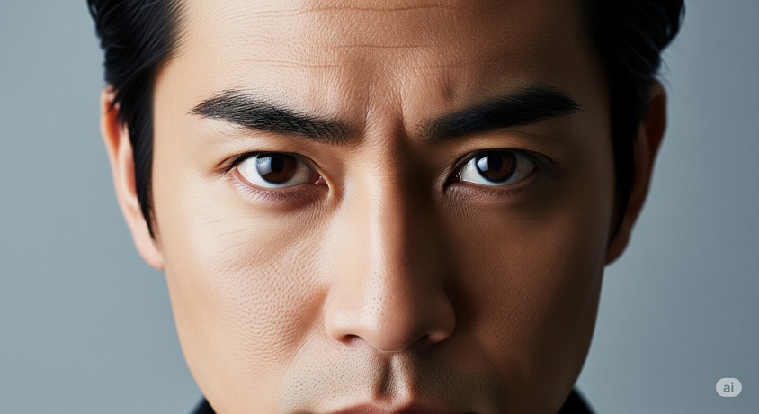 日本人男性の顔がクローズアップされた写真で、鋭い目つきと整えられた眉毛が特徴的です。正面をまっすぐ見ており、額にはしわが寄っています。