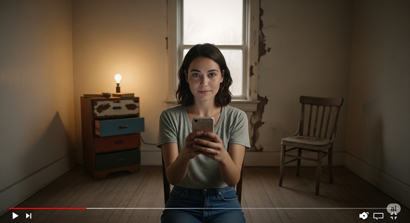 薄暗い部屋でスマートフォンを持ち、カメラを見つめる若い女性の画像。貧困系YouTuberのコンセプトを表現しており、部屋は質素で物が少ない様子が伺えます。