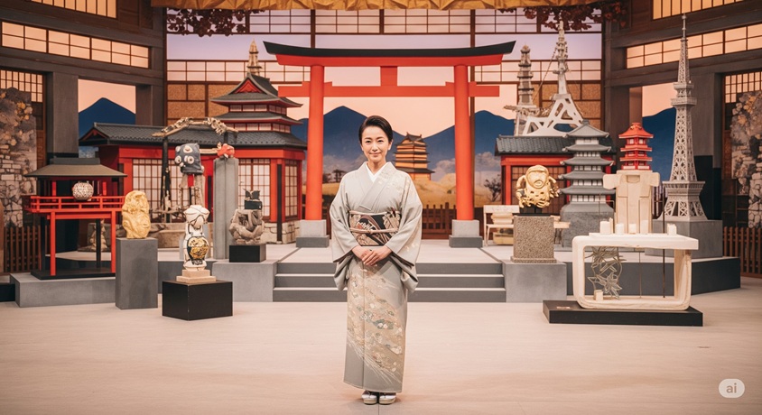 灰色の着物を着て立ち、背景に日本の様々な名所や建築物のミニチュアが並ぶ一色采子さんの穏やかなポートレートです。