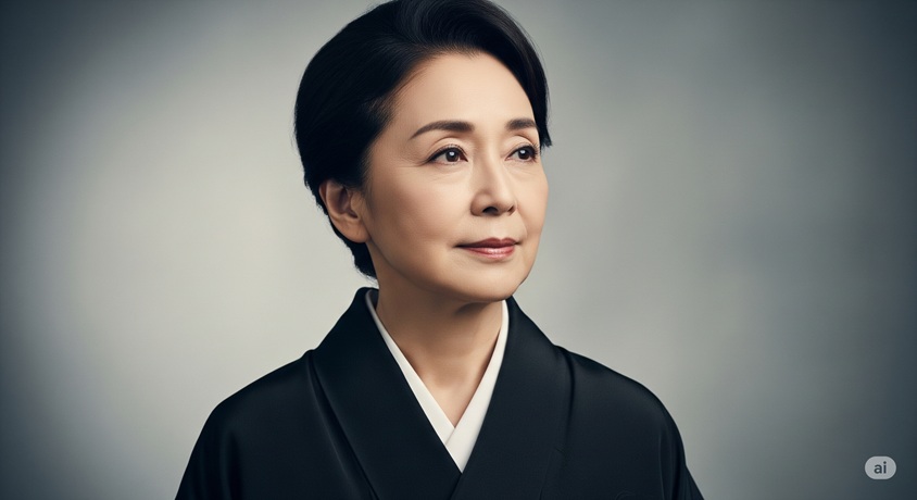 黒い着物をまとい、落ち着いた表情で遠くを見つめる一色采子さんの上半身のポートレートです。
