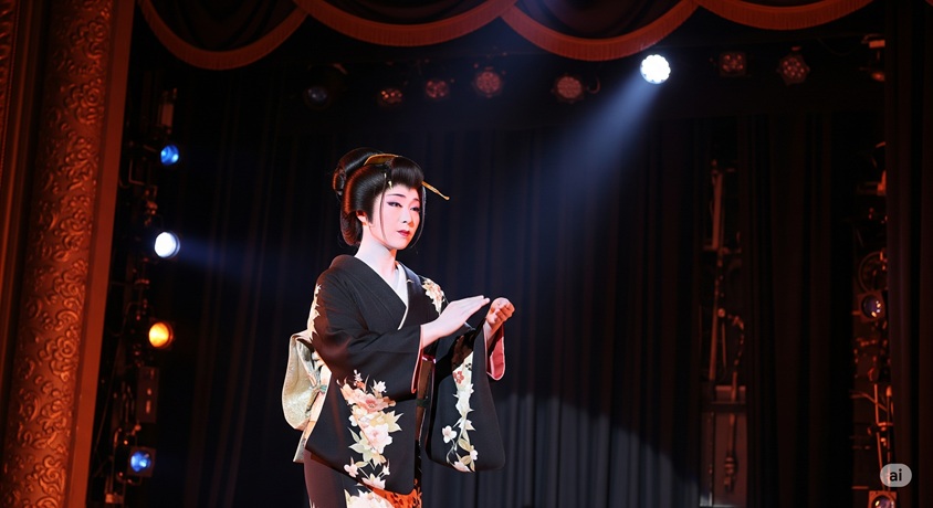 黒地に花柄の着物を着て舞台上で優雅に舞う、日本舞踊家としての風格を漂わせる一色采子さんの全身像です。