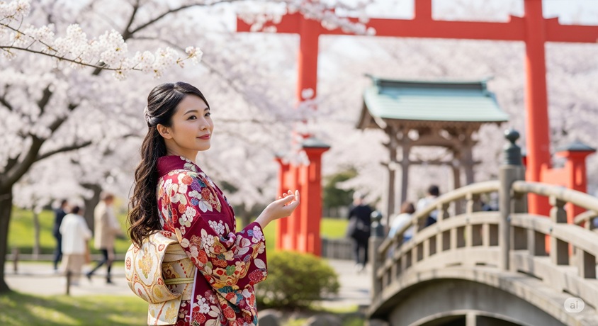 桜が咲き誇る中、赤い鳥居と橋のある風景を背景に、鮮やかな着物姿で佇む一色采子さんの横顔です。