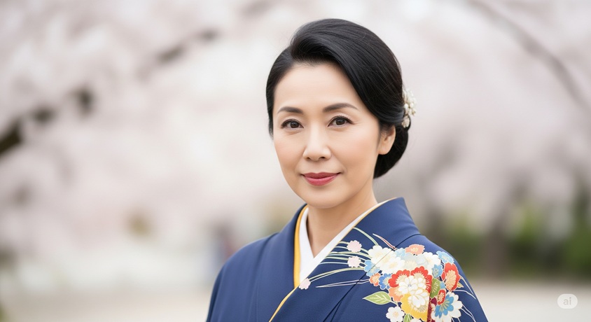 満開の桜を背景に、青色の着物に身を包み、微笑む一色采子さんの顔のアップです。