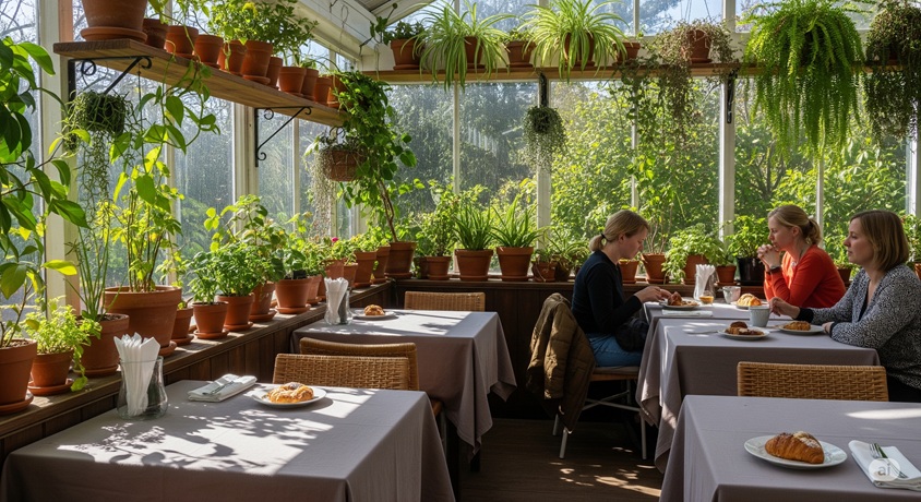 植物に囲まれた温室のようなカフェで、数人の女性が食事や会話を楽しんでいます。自然光が差し込む癒しの空間です。