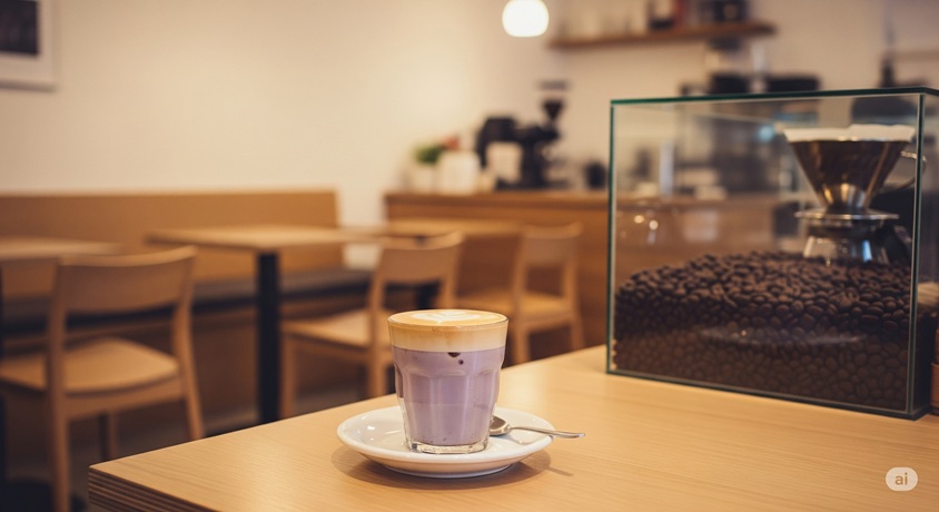 カフェのテーブルに置かれたラベンダー色のドリンクが写っており、その奥にはコーヒー豆の入ったガラスケースが見えます。