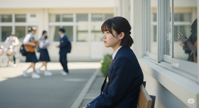 校の校庭でベンチに座って物思いにふける女子生徒の姿です。遠くには楽器を演奏する他の生徒が見えます。