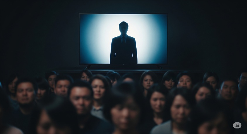 テレビ画面に映る人物のシルエットと、手前のぼやけた観衆の不満そうな顔が描かれた画像です。
田崎氏