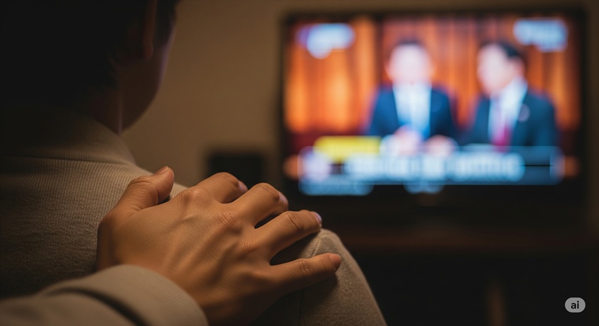 テレビで激しい議論が映し出される中、誰かの肩に手が優しく置かれている画像です。
