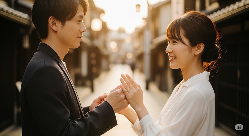夕暮れ時の街並みで、男女が向かい合って手を取り合っているロマンチックな場面です。