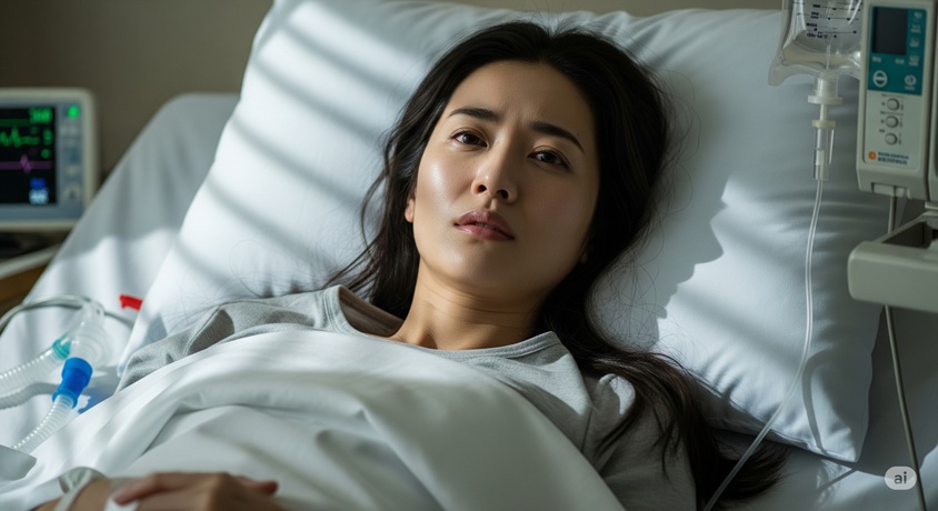 病院のベッドに横たわり、何かを心配しているような表情の女性が映し出されています。点滴スタンドも近くに見えます。